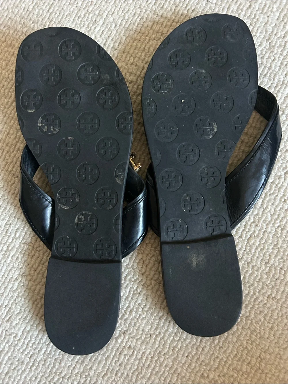 Tory Burch Black Patent Leather Thong Sandals with Gold Accent